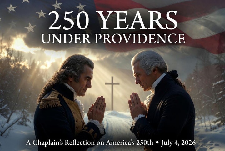 Two Revolutionary-era figures in prayer before a wooden cross with the American flag overhead — 250 Years Under Providence, a chaplain’s reflection on America’s 250th