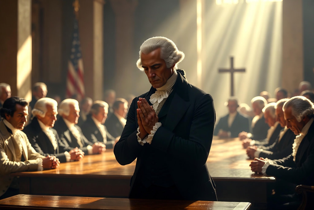 Founding-era leaders bowed in prayer around a long table with an American flag and cross in the background — Continental Congress prayer