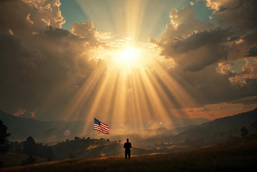 A reflective figure standing on a hill with an American flag as golden light breaks through clouds and fireworks rise over the valley