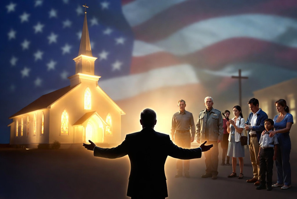 A chaplain with arms open before a glowing church, diverse community gathered, and a large American flag overhead