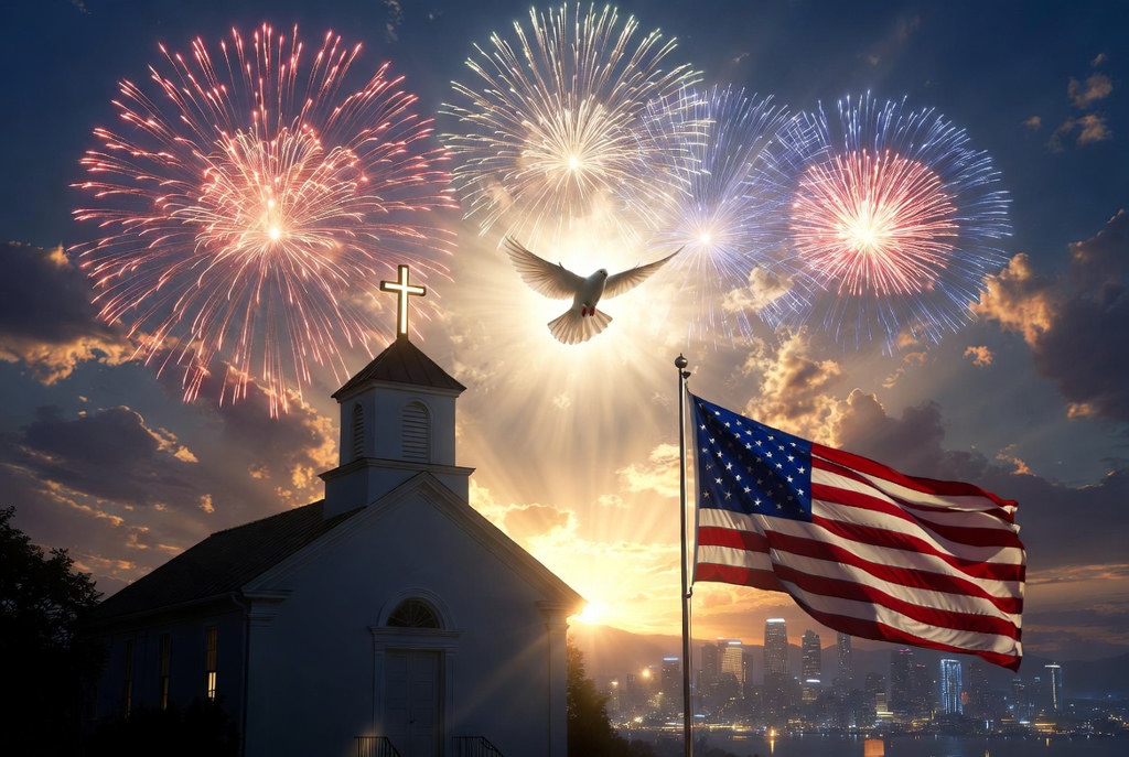 White church with glowing cross, dove in flight, American flag, and fireworks over a city skyline at sunset — prayer for America’s 250th year
