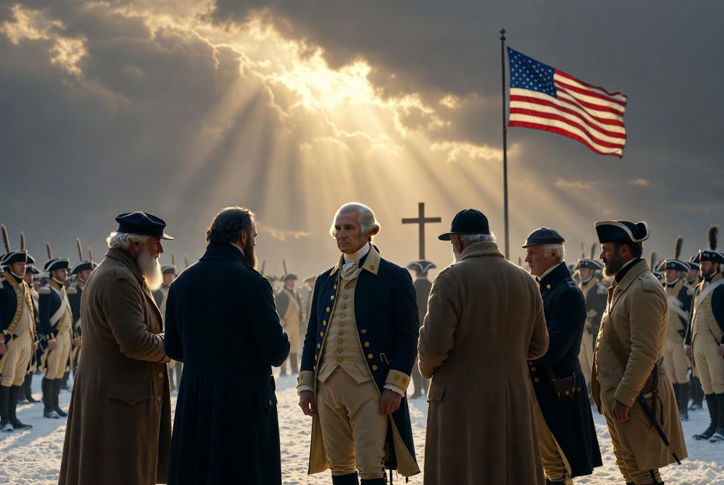 George Washington with Continental Army officers and soldiers in prayer at a snowy encampment, with a wooden cross and American flag