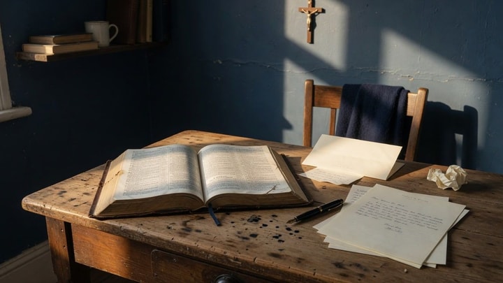 Open Bible, pen, and letter pages on a worn desk — test the spirits by Scripture