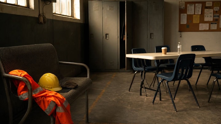 Empty warehouse break room after a shift, orange safety vest and yellow hard hat on a bench beside an untouched coffee cup