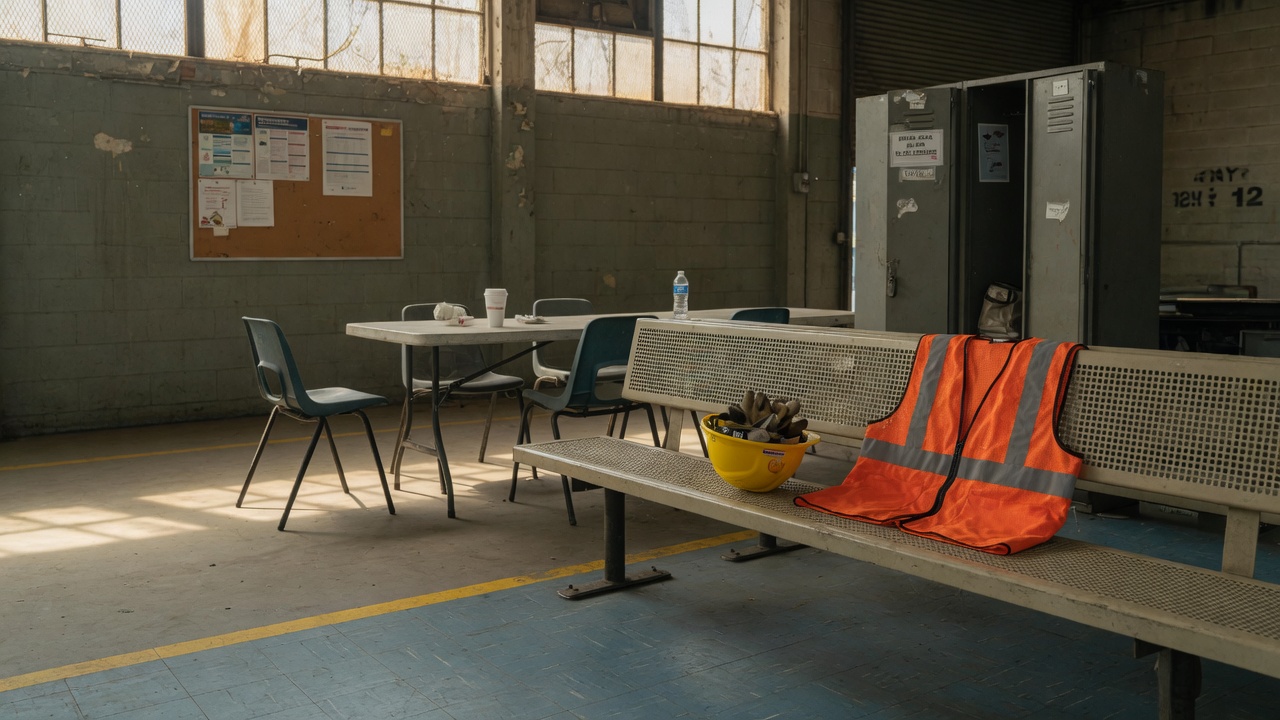 Warehouse break area with hard hat and safety vest on a bench — the first 48 hours after a critical incident