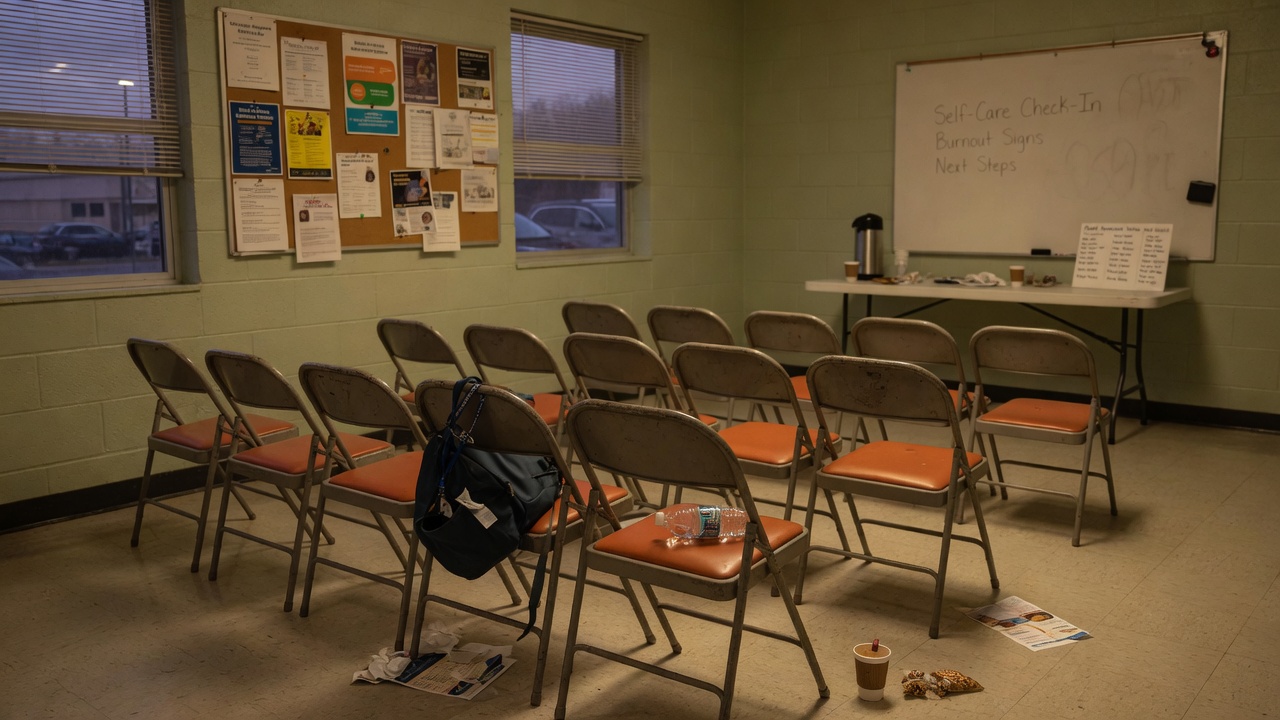 Empty folding chairs in a nonprofit meeting room after volunteers left — burnout among front-line staff