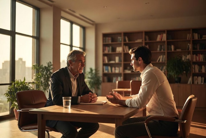 Two men in a modern office having a deep, empathetic conversation at a wooden table — representing workplace chaplaincy and creating space for the soul at work