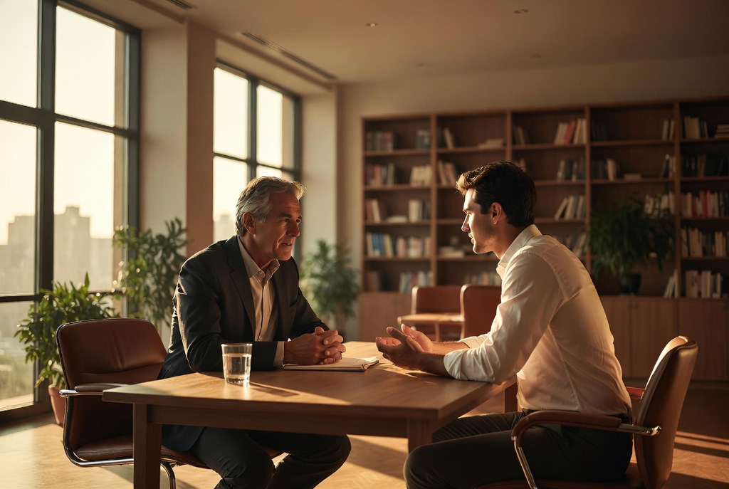 Two men in a modern office having a deep, empathetic conversation at a wooden table — representing workplace chaplaincy and creating space for the soul at work
