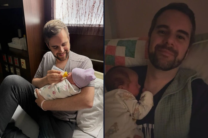 Side-by-side photos of a newborn girl with the two men raising her — every child deserves a mother