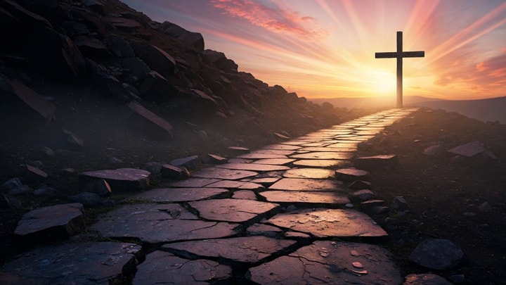 A path from shadow into sunrise light toward a cross on the hill — ministering through the pain, eyes on the Kingdom