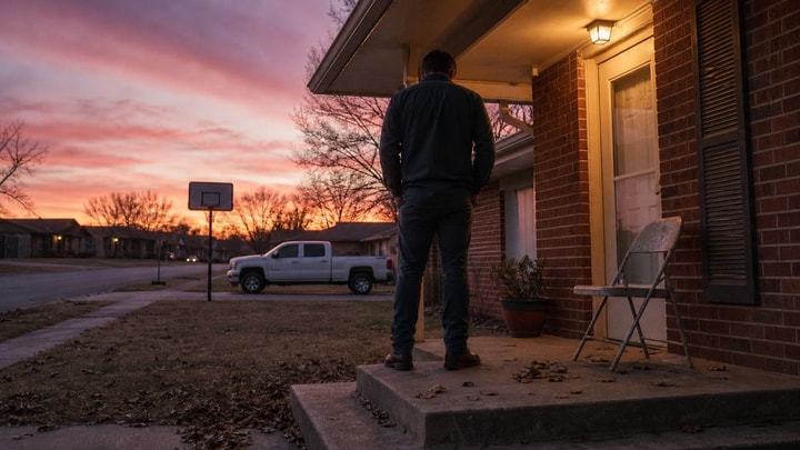 Man standing on a North Texas brick porch at dusk, back to the camera, empty folding chair under a warm porch light
