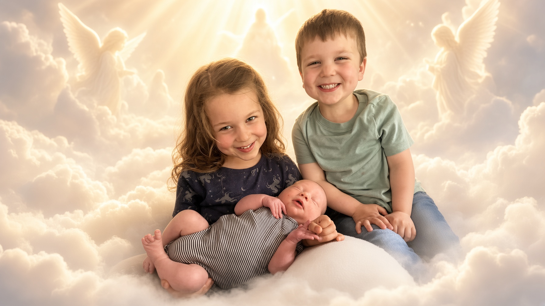 Memorial image of three children — a young girl, a young boy, and an infant — held in light