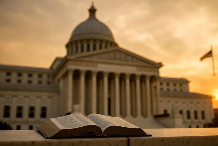 Open Bible in the foreground with the U.S. Supreme Court building at sunset — eternal perspective beyond earthly courts
