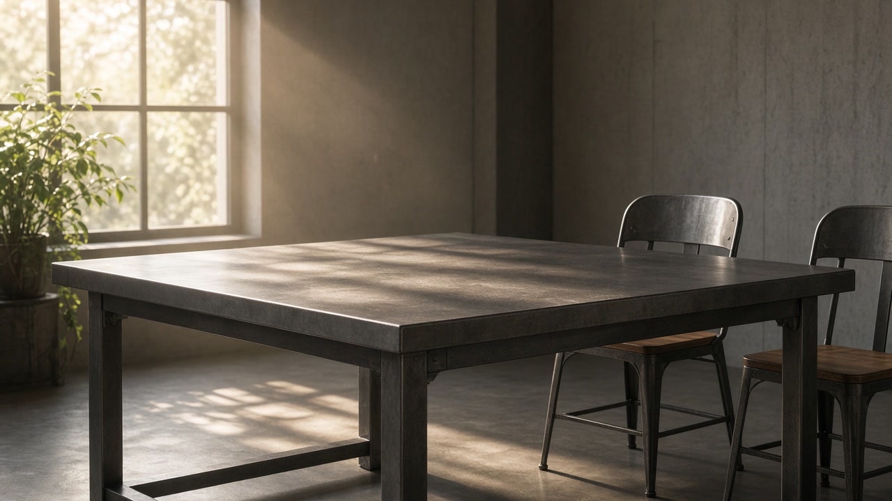 Empty steel table and two metal chairs in warm morning light beside a tall window in a quiet, bare room