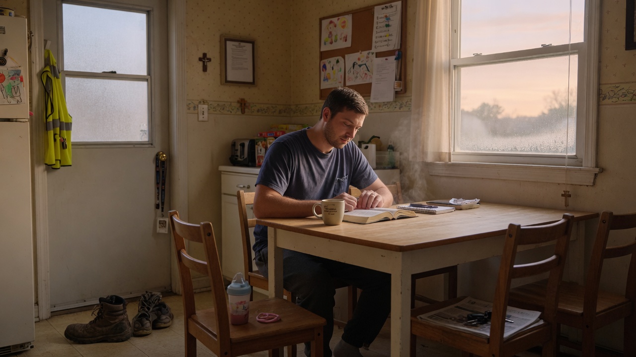 Younger man at a kitchen table at dawn with open Bible and coffee — when men stay home and women carry the payroll