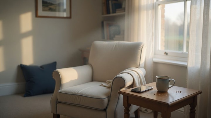 Empty armchair by a window at dawn with phone and mug — grief after losing someone to suicide