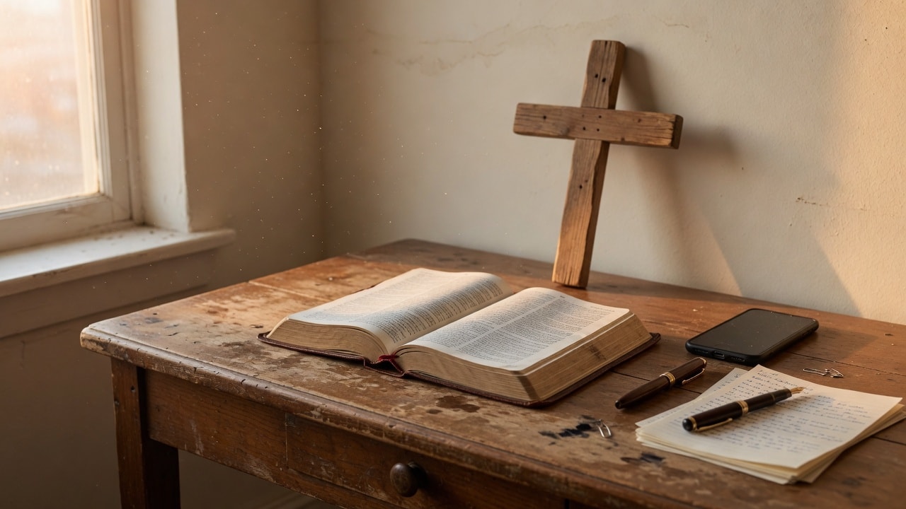Open Bible, wooden cross, and a phone face-down on a worn desk — when the accusations come
