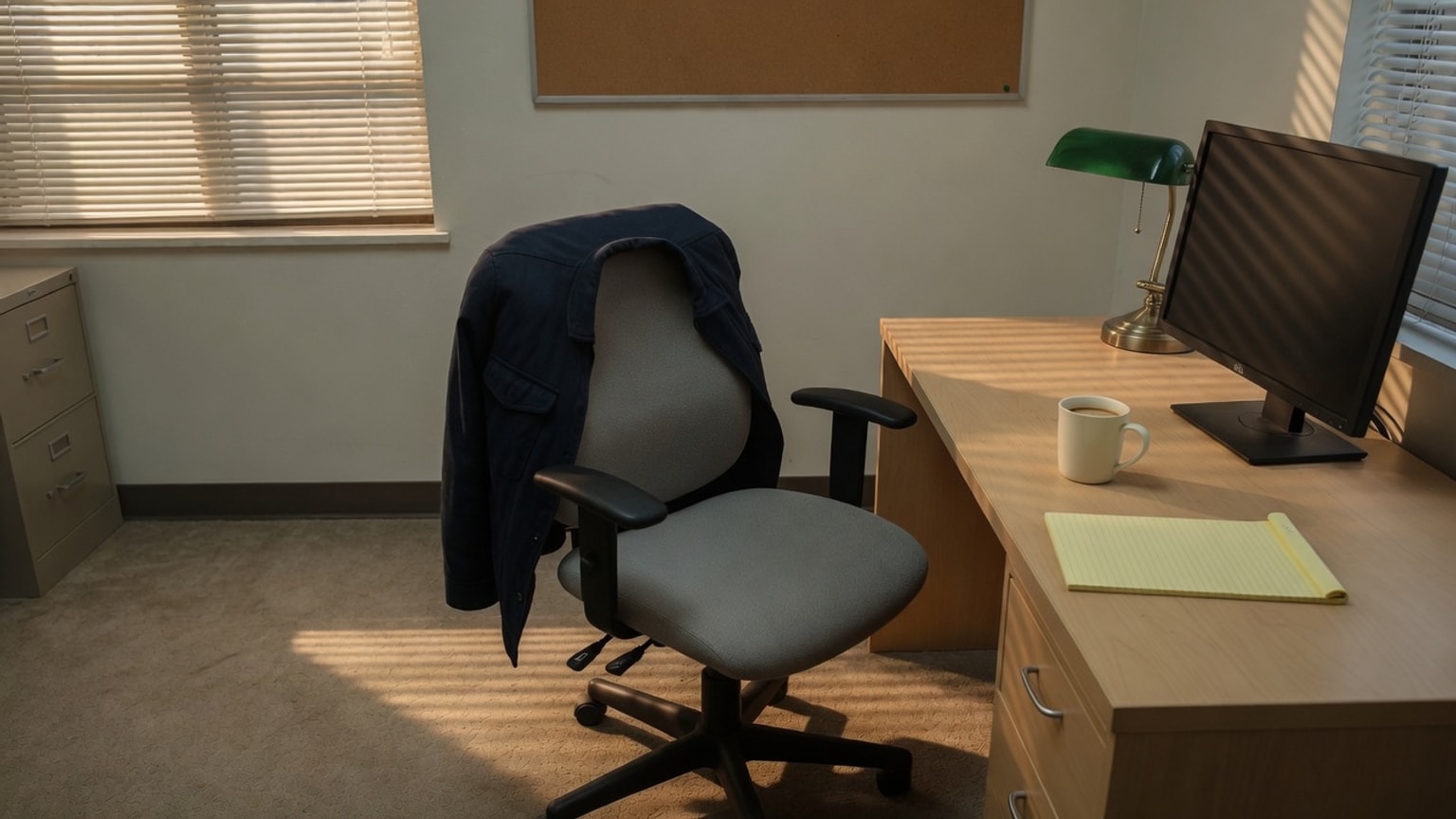 Empty office chair with a navy jacket, a plain coffee mug, and a dark monitor in warm late-afternoon light through the blinds