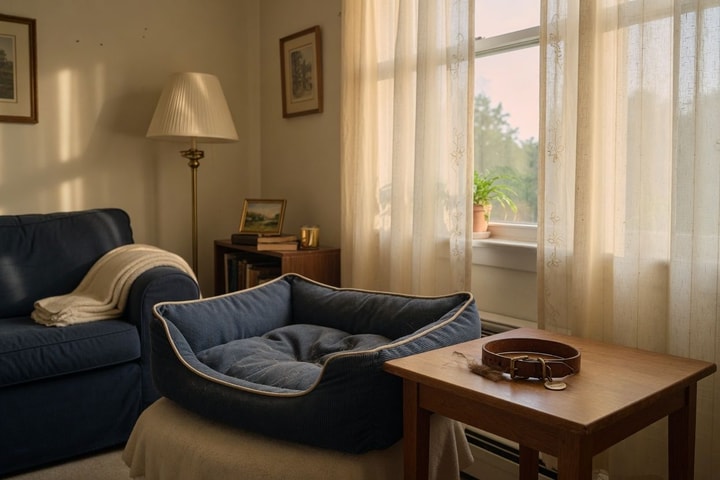 Empty dog bed in a quiet living room — when the house feels too quiet