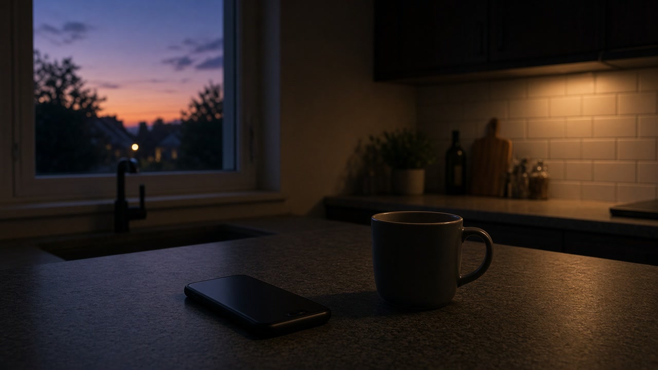 A phone lying face-down beside a coffee mug on a dim kitchen counter at dusk, a North Texas evening sky in the window