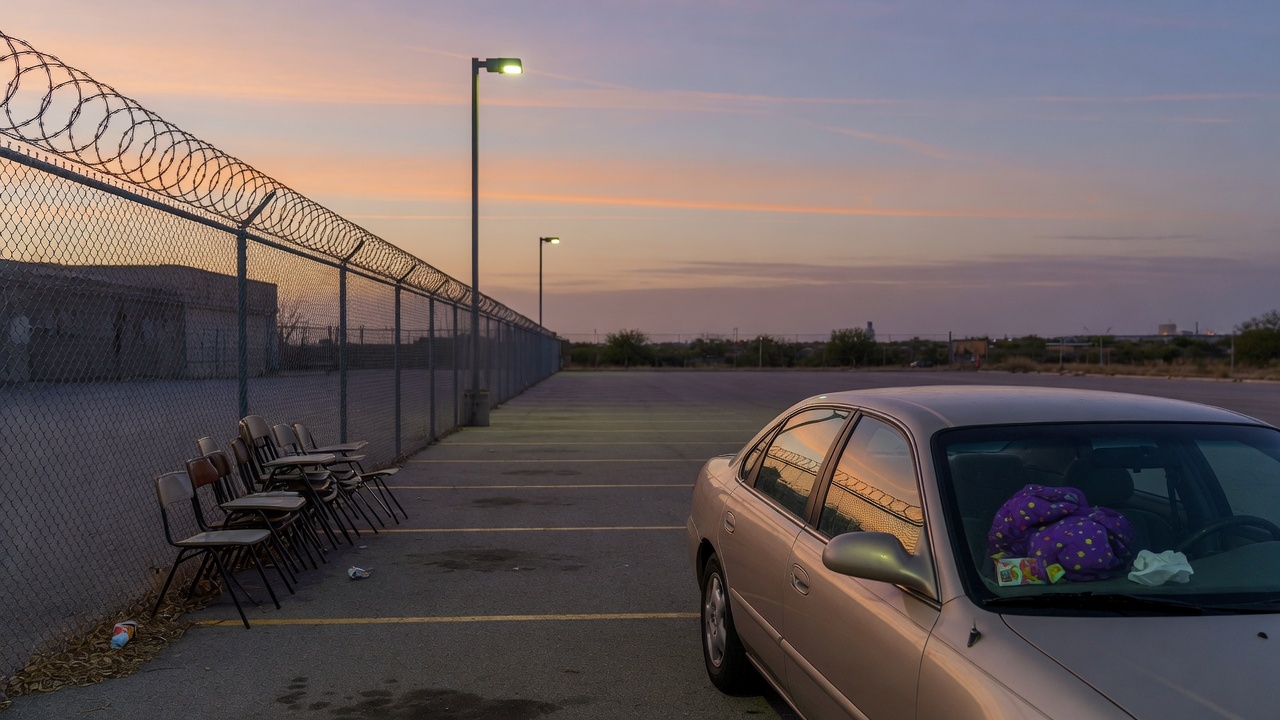 Empty visitation parking lot at dusk with one car and stacked chairs by a fence
