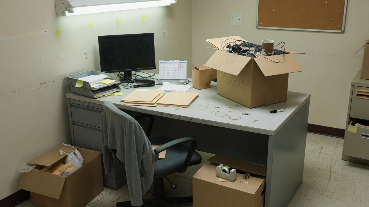 Moving boxes and a half-cleared desk under office fluorescent light — Wednesday Reset on constant change at work