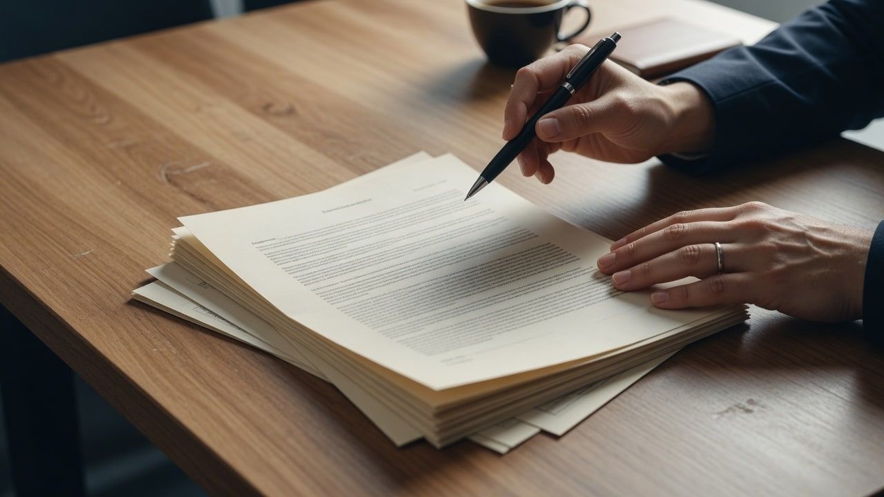 Hands pausing over a contract and pen on a wooden desk — Wednesday Reset on integrity at work