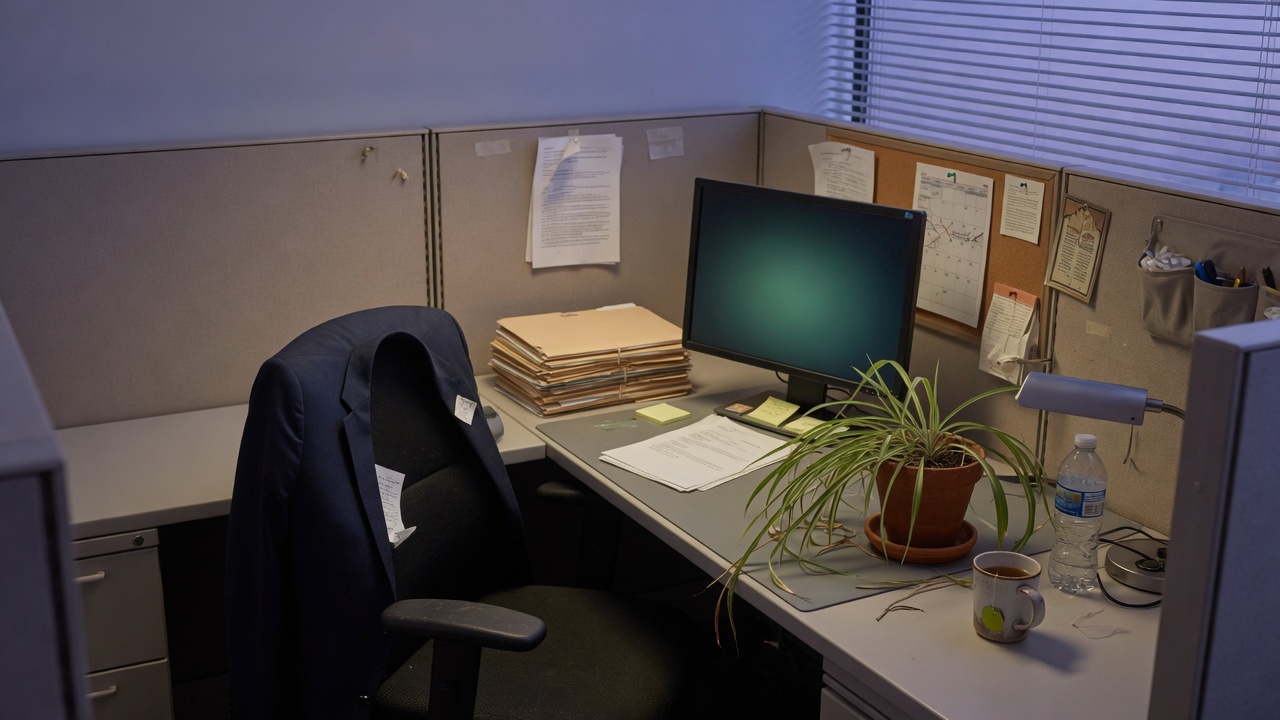 Empty cubicle at dusk with a jacket on the chair — Wednesday Reset on unseen work