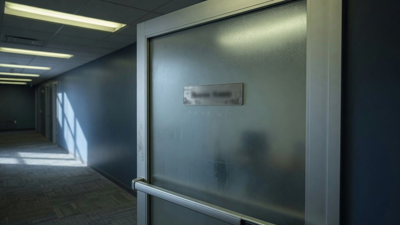 Closed office door with nameplate light and hallway shadow — Wednesday Reset on difficult authority