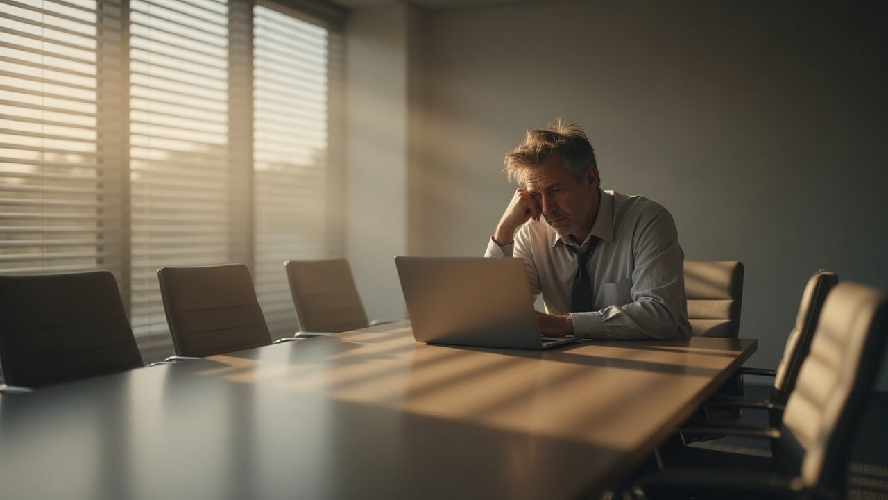 Empty conference table and laptop in soft morning light — Wednesday Reset on communication