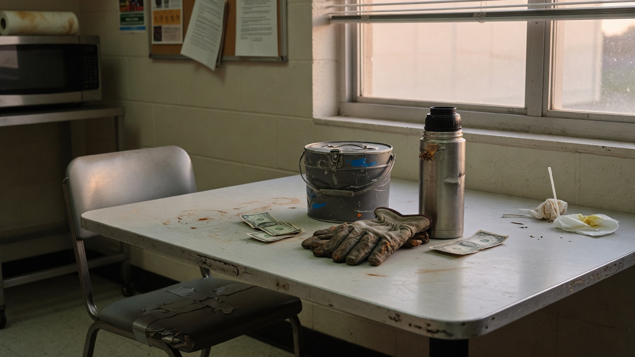Lunch pail, work gloves, and a few bills on a break-room table — Wednesday Reset on a tight paycheck