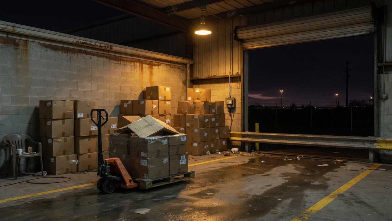 Night warehouse dock with a pallet jack under one lamp &mdash; Wednesday Reset on a shift that never ends