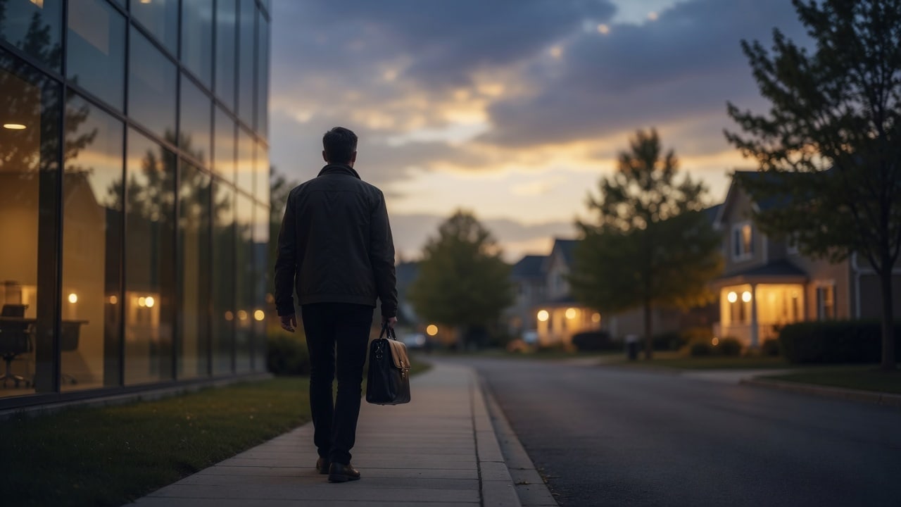 Worker leaving the office at dusk toward home lights — Wednesday Reset on work-life spillover