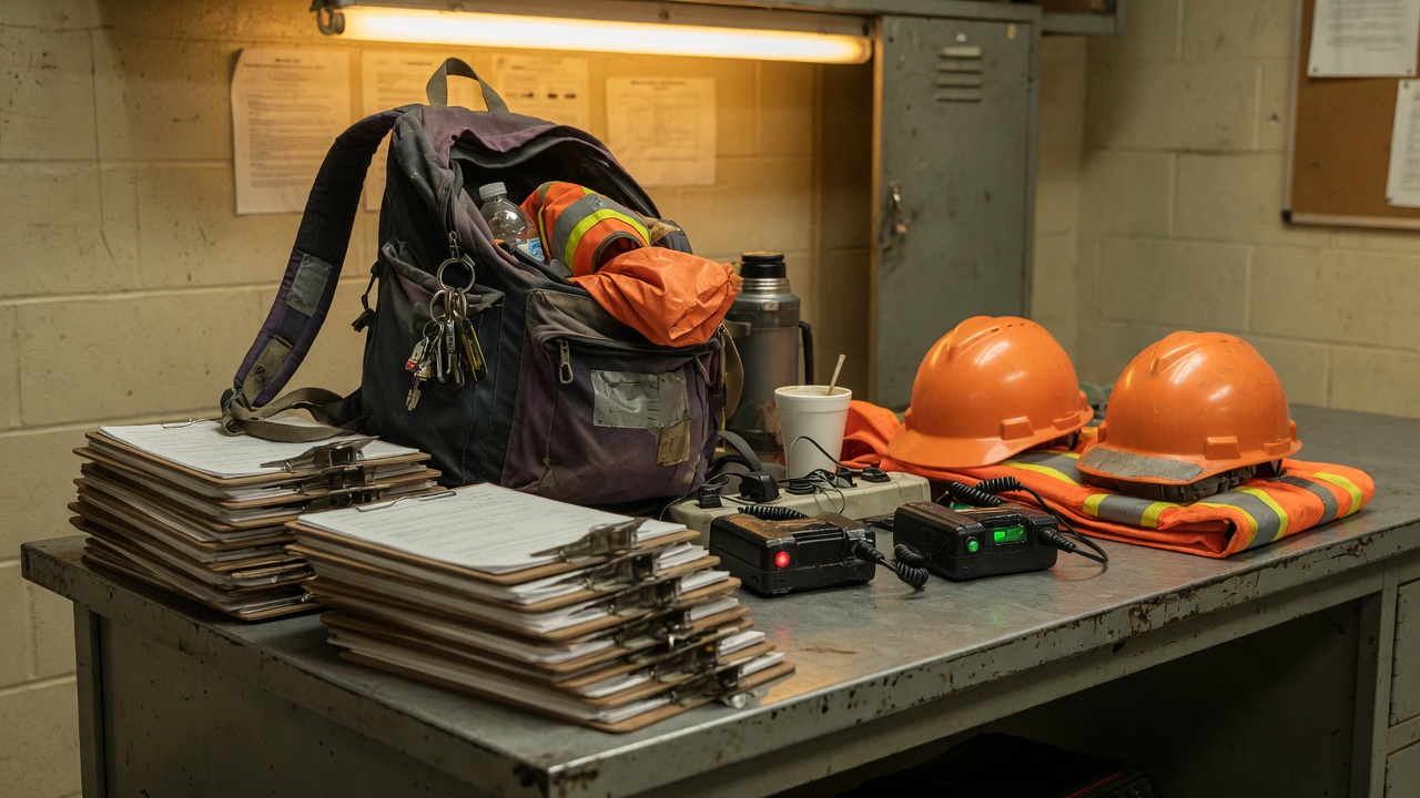 Two hard hats, radios, and a stack of clipboards on a workbench — Wednesday Reset on carrying everyone else