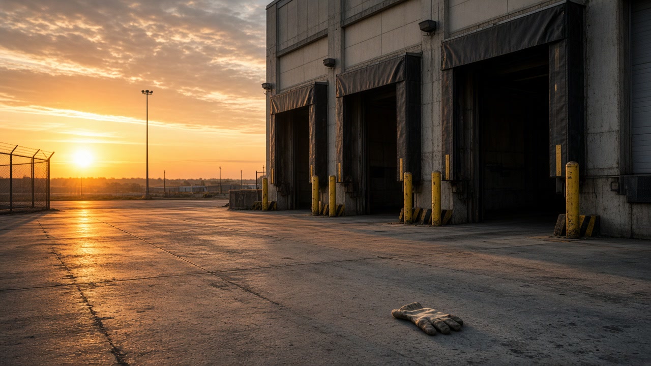 An empty warehouse loading dock at sunrise with one worn work glove left on the concrete