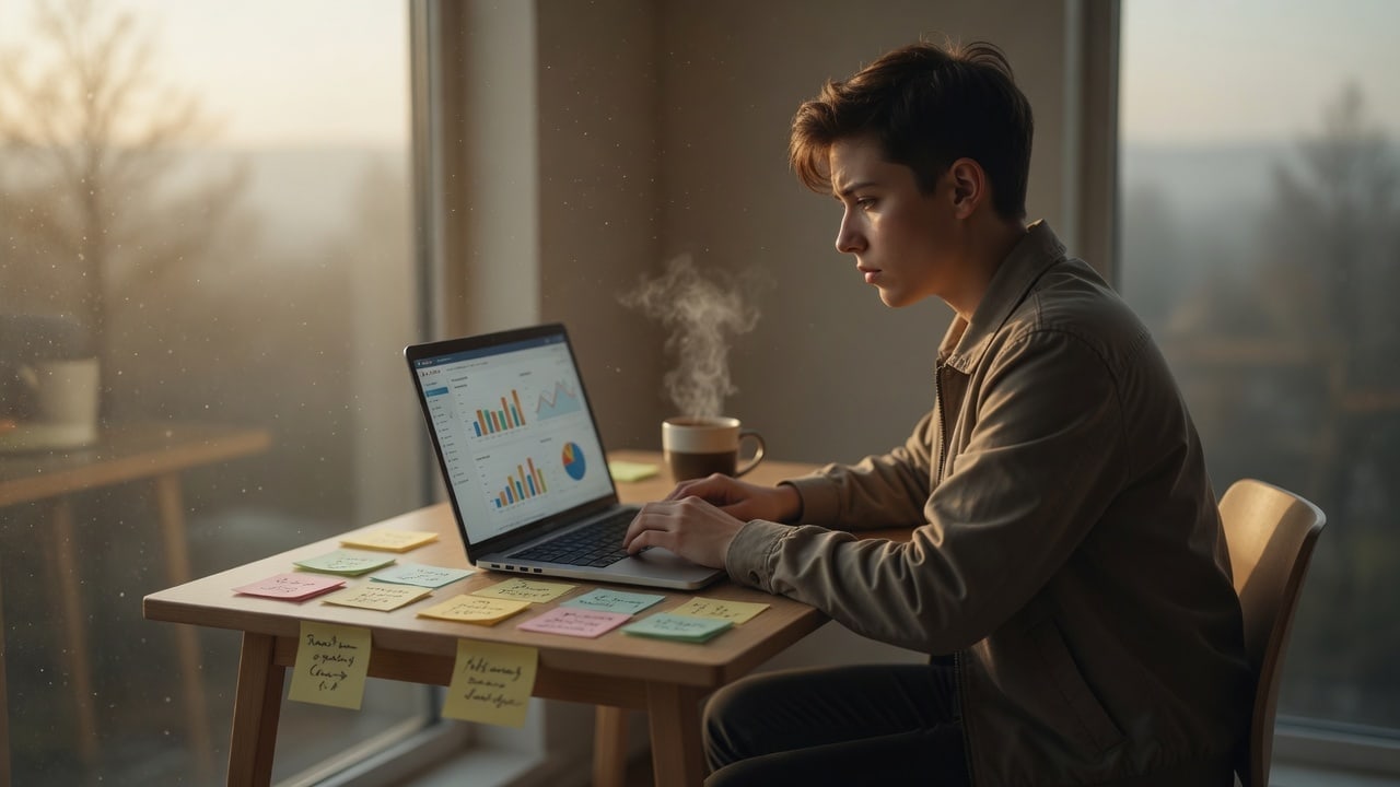 Professional studying at a laptop in soft morning light — Wednesday Reset on skills anxiety