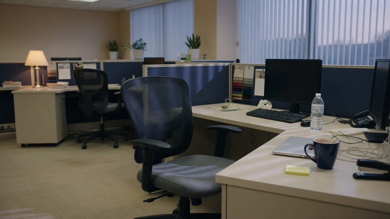 Empty desk chair in a quiet office after hours with soft window light — Wednesday Reset on loneliness at work