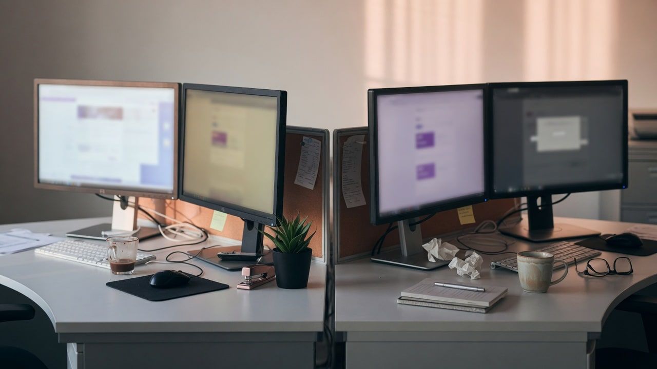 Two coworkers at adjacent desks with one screen brighter in soft light — Wednesday Reset on comparison at work